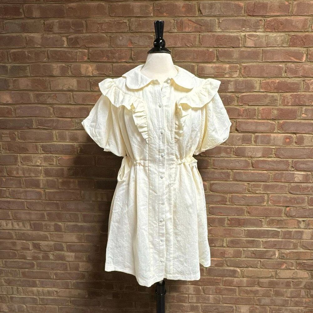 Listicle Women’s Cream Stripe Ruffle Puff Sleeve Dress Sz Lg NEW - Picture 5 of 11